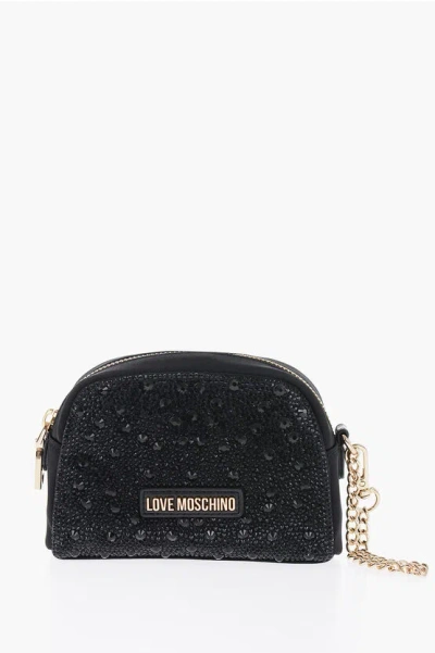 Moschino Love Satin Necessaire Embellished With Rhinestone In Black