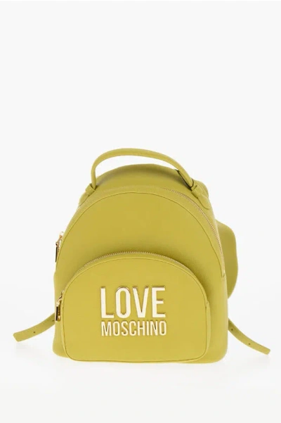 Moschino Love Solid Colour Faux Leather Backpack With Golden Logo In Black