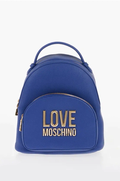 Moschino Love Solid Colour Faux Leather Backpack With Golden Logo In Black