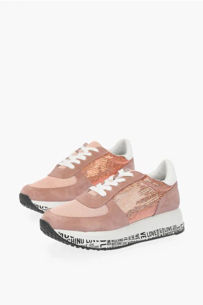 Moschino Love Suede Leather And Sequined Sneakers With All Over Logo In Pink