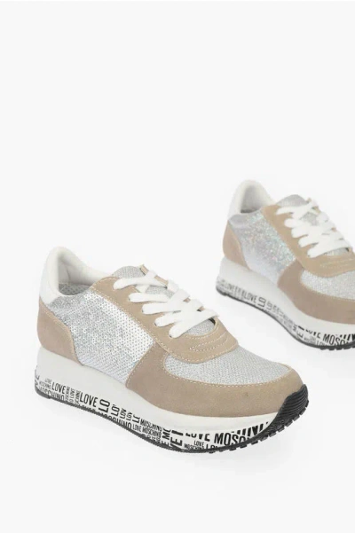 Moschino Love Suede Leather Sneakers With Sequins In Neutral
