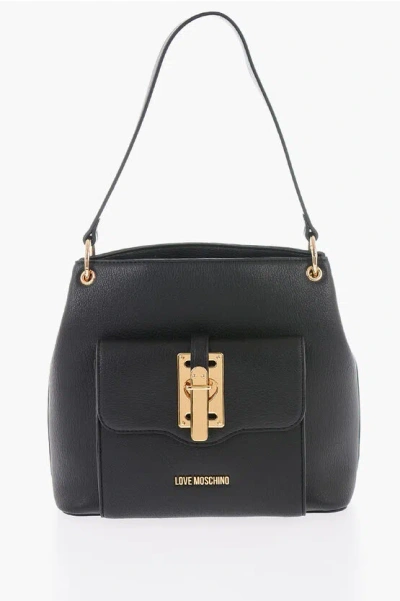 Moschino Love Textured Effect Faux Leather Hobo Bag With Maxi Logo On In Black
