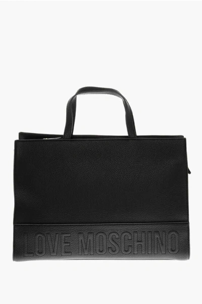 Moschino Love Textured Faux Leather Tote Bag With Embossed Logo In Black