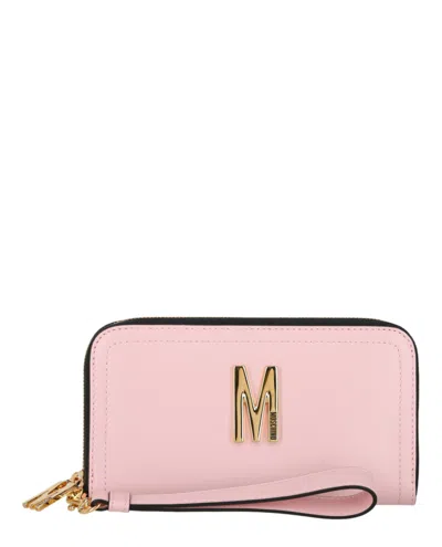 Moschino M Logo Leather Wallet In Pink
