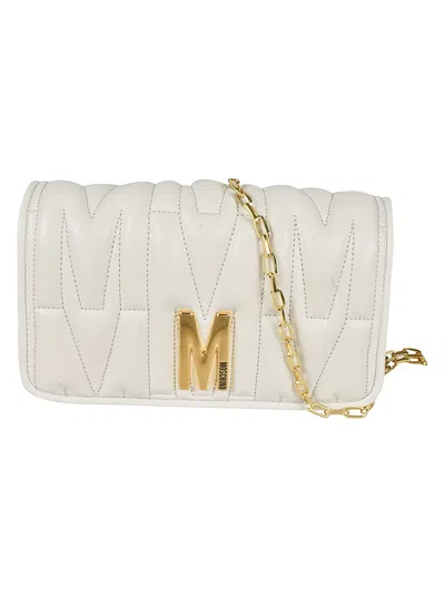 Moschino M Plaque Quilted Flap Chain Shoulder Bag In White