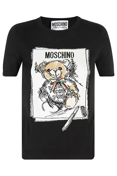 Moschino Printed Cotton Knit S/s Mini Dress In Black