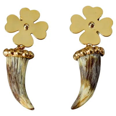 Pre-owned Moschino Massive  Lucky Four Leaf Clover And Resin Horn Novelty Dangling Earrings In Multi