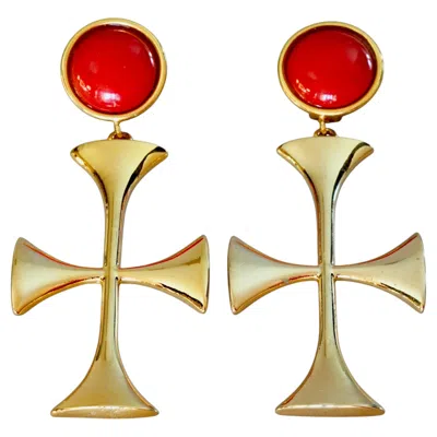 Pre-owned Moschino Massive  Maltese Cross Red Orange Cabochon Novelty Dangling Earrings