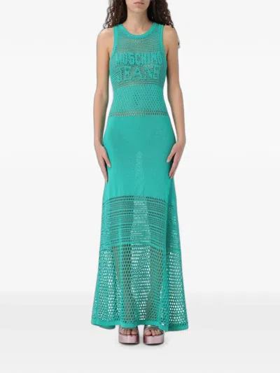 Moschino Maxi Crochet-knit Logo-intarsia Dress In Green