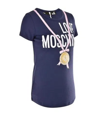 Moschino Medal Printed Round-neck Short-sleeved T-shirt In Blue