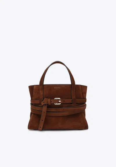 Moschino Medium Tie Me Suede Top Handle Bag In Brown