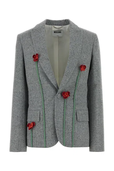 Moschino Melange Grey Silk Blend Blazer In Gray