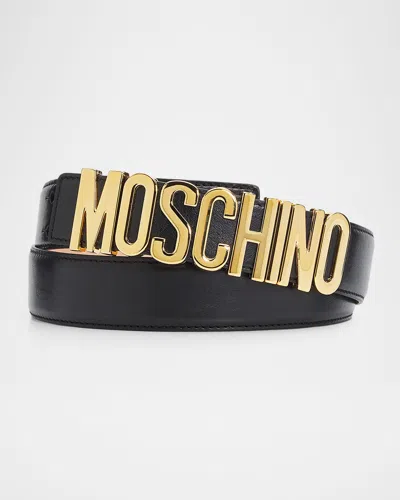 Moschino Men & Apos;s Lettering Logo Leather Belt, Black