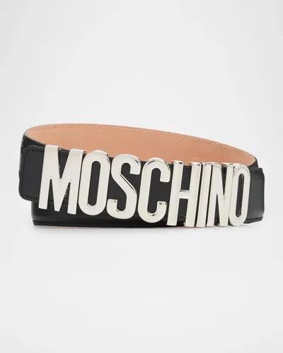 Moschino Men & Apos;s Metal-logo Leather Belt In Black