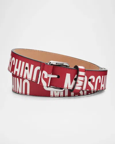 Moschino Men & Apos;s Repeat Logo Leather Belt In Red