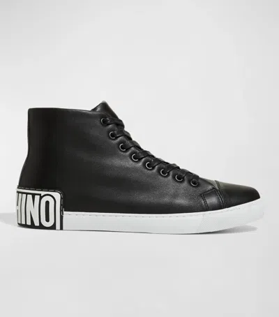 Pre-owned Moschino Men Black Maxi Logo Leather Lace-up High-top Sneakers Shoes Sz43