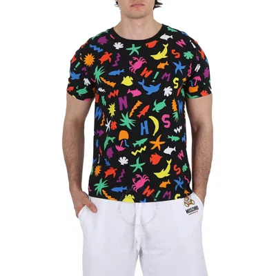Moschino Men's Black Stretch Cotton All-over Print T-shirt In Multi