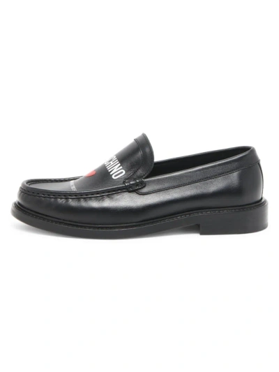Moschino In Love We Trust Leather Loafers In Black