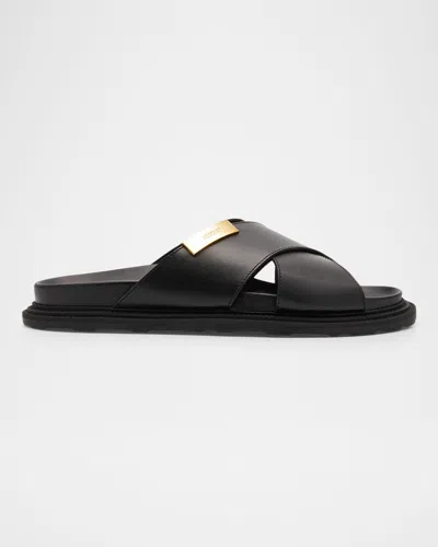 Moschino Men's Crisscross Leather Slide Sandals In Black