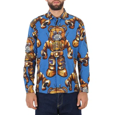 Moschino Men's Fantasy Print Blue Teddy Robot Woven Shirt