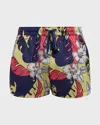 Moschino Men's Hibiscus Leaf Swim Shorts In Fucsia Multi