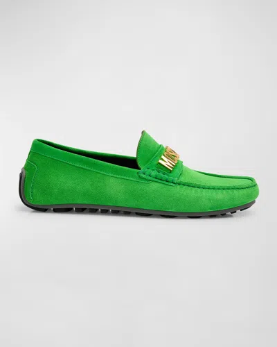 Moschino Logo字母绒面皮乐福鞋 In Green