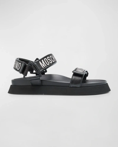Moschino Men's Leather Logo Tape Platform Sandals In Black