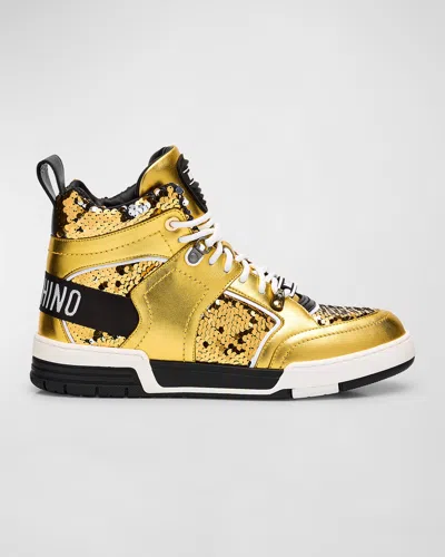 Moschino Men's Metallic Leather And Sequin High-top Sneakers In Goldsilver