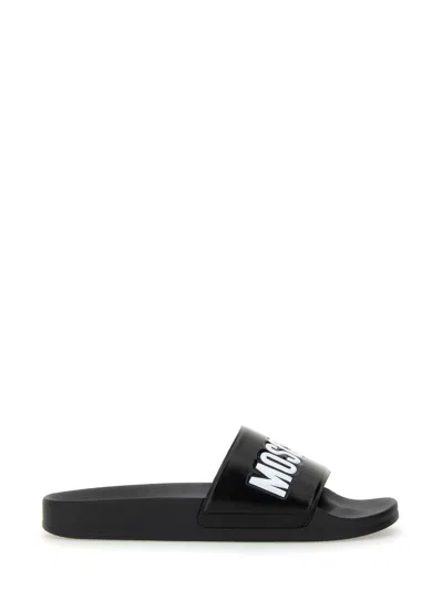 Moschino Men Slide Sandal With Logo In Black