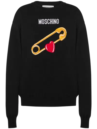 Moschino Black Intarsia Heart Safety Pin Sweater