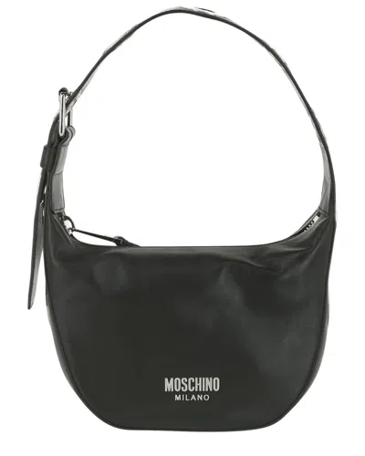 Moschino Metal Logo Leather Shoulder Bag In Black