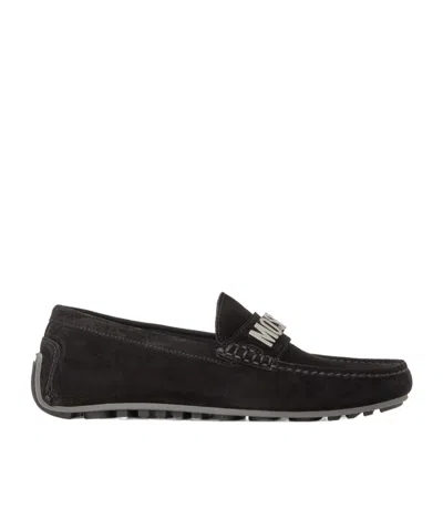 Moschino Metal Logo Loafers In Black