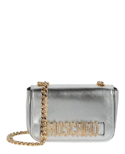 Moschino Metallic Leather Crystal-embellished Logo Crossbody Bag In Fantasy Grey