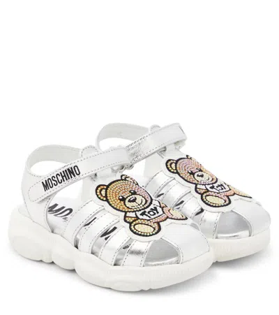 Moschino Kids' Teddy Patch Leather Strap Sandals In White