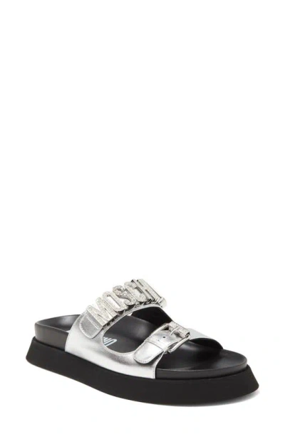 Moschino Metallic Leather Slide Sandal In Silver
