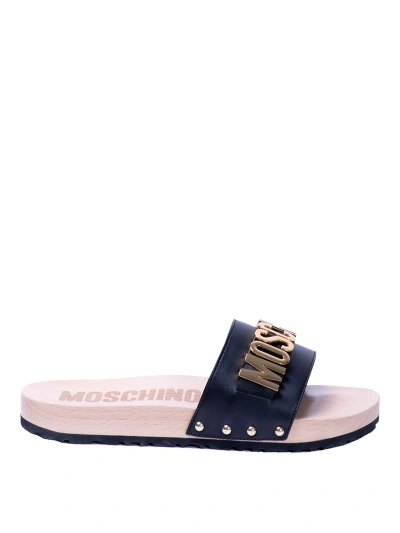 Moschino Metallic Letters Sandals In Black