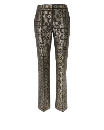 Moschino Metallic Logo-print Straight-leg Trousers In Black