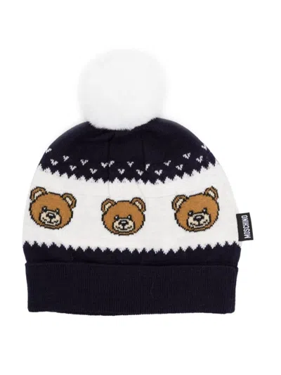 Moschino Mini Beanie Bears With Pom Poms In Blue