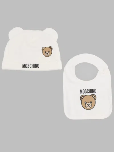 Moschino ? Mini Cotton Beanie And Bib Set With Logo In White