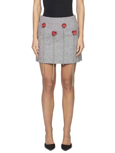 Moschino Mini Skirt With Floral Appliqués And Textured Finish In Gray