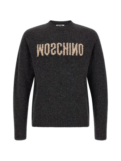 Moschino Logo Front Crew Neck Sweater Top In Black