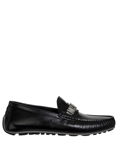 Pre-owned Moschino Moccasins Men Mb10020g0hgb500a Black Leather Logo Detail Shoes Loafer