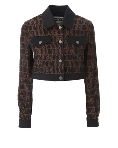 Moschino Monogram Printed Cropped Buttoned Jacket In Black