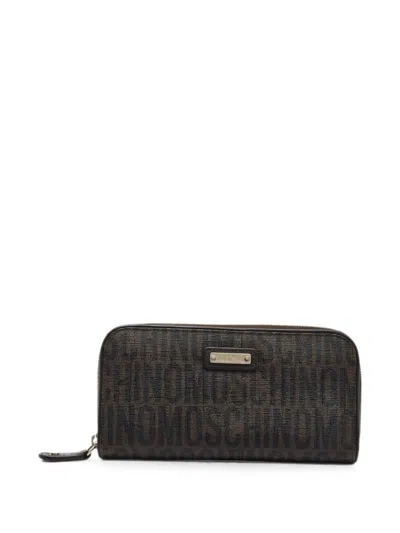 Pre-owned Moschino Monogram Zip-around Continental Wallet In Black