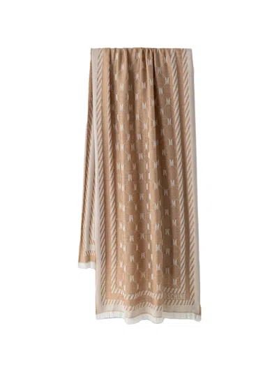 Moschino Monogram-pattern Fringed Wool Scarf In Brown