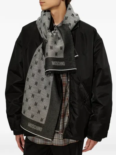 Moschino Monogram-pattern Logo-print Scarf In Gray