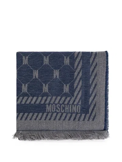 Moschino Monogram-print Frayed Scarf In Blue