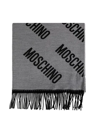 Moschino Monogram-print Fringed Scarf In Gray