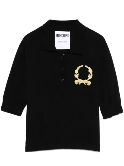 Moschino Motif-embroidered Polo Top In Black