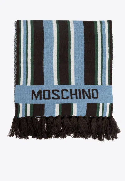 Moschino Multi Stripes Jacquard Wool Scarf In Blue